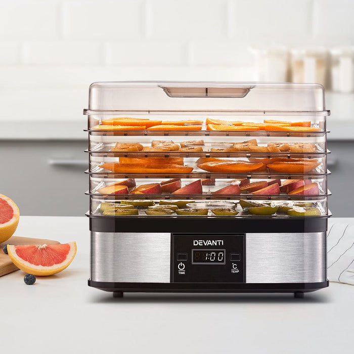 Devanti Food Dehydrator with 5 Trays - Silver -Home Living Store - -