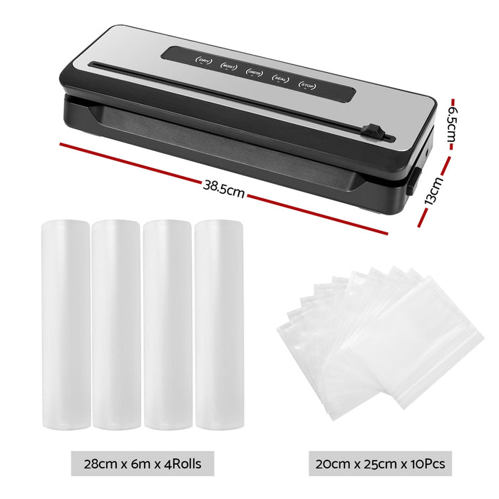 Devanti Food Vacuum Sealer Machine Sealing Cutter 4 Modes Storage Bags 4 Rolls-Silver+Black - Devanti