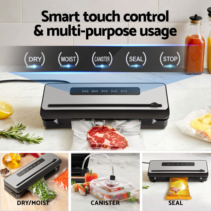 Devanti Food Vacuum Sealer Machine Sealing Cutter 4 Modes Storage Bags 4 Rolls-Silver+Black - Devanti