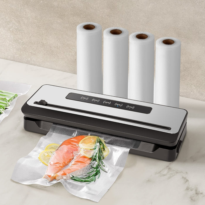 Devanti Food Vacuum Sealer Machine Sealing Cutter 4 Modes Storage Bags 4 Rolls-Silver+Black - Devanti