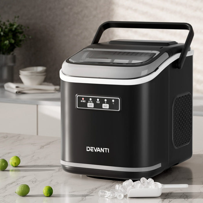 Devanti Ice Maker Machine Portable 12kg Countertop w/Self Cleaning 1.3L Black - Devanti