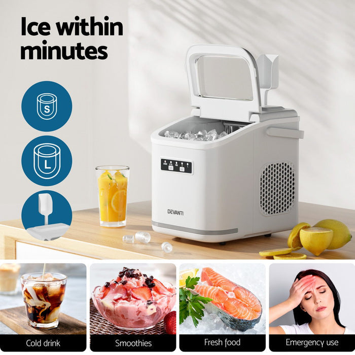 Devanti Ice Maker Machine Portable 12kg Countertop w/Self Cleaning 1.3L White - Devanti