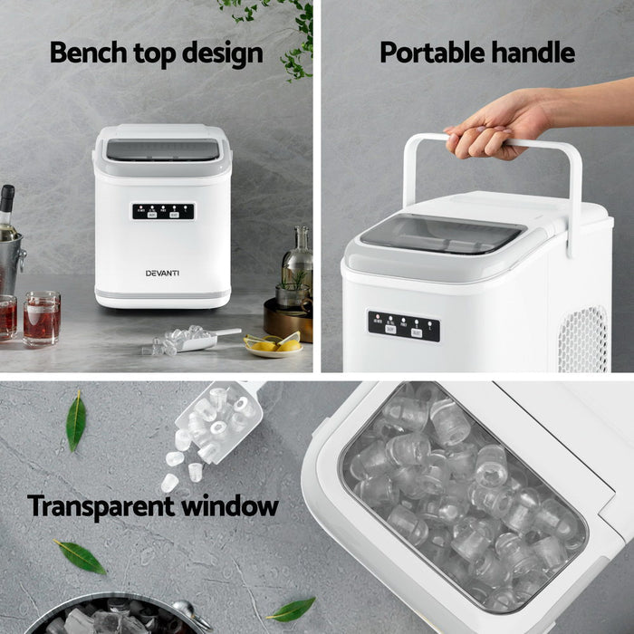 Devanti Ice Maker Machine Portable 12kg Countertop w/Self Cleaning 1.3L White - Devanti