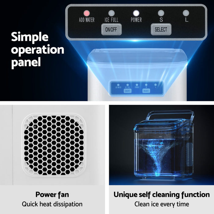 Devanti Ice Maker Machine Portable 12kg Countertop w/Self Cleaning 1.3L White - Devanti