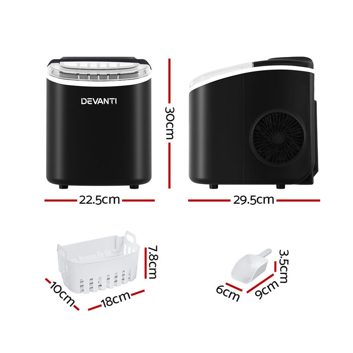 Devanti Portable Ice Maker Machine Ice Cube Tray 12kg Bar Countertop Black - Devanti