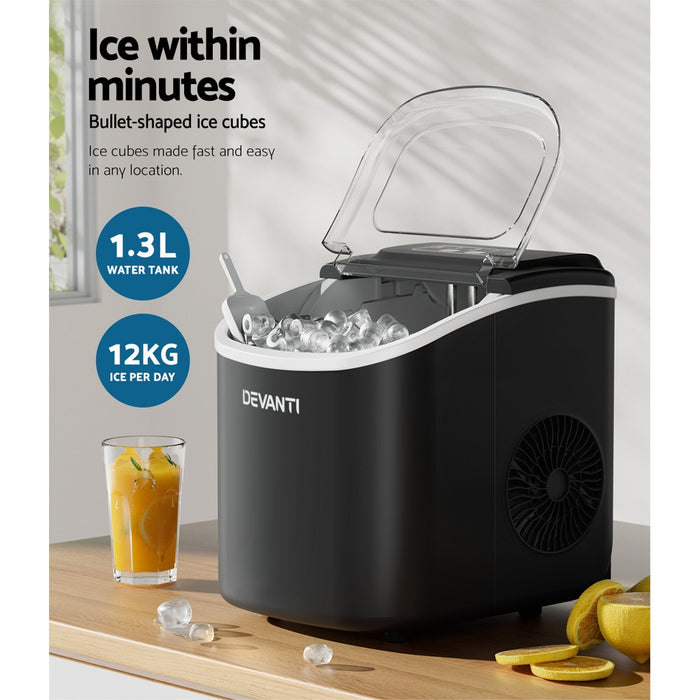 Devanti Portable Ice Maker Machine Ice Cube Tray 12kg Bar Countertop Black - Devanti