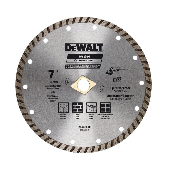 Dewalt Diamond Masonry Wet/Dry Continuous Edge Blade Turbo 7 Inches (180MM) - For General Purpose Cutting Of Cured Concrete, Pavers, Brick, Block, Tile, Bluestone, Flagstone Or Any Similar Materials - DW47700HP MEGA