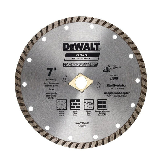 Dewalt Diamond Masonry Wet/Dry Continuous Edge Blade Turbo 7 Inches (180MM) - For General Purpose Cutting Of Cured Concrete, Pavers, Brick, Block, Tile, Bluestone, Flagstone Or Any Similar Materials - DW47700HP MEGA