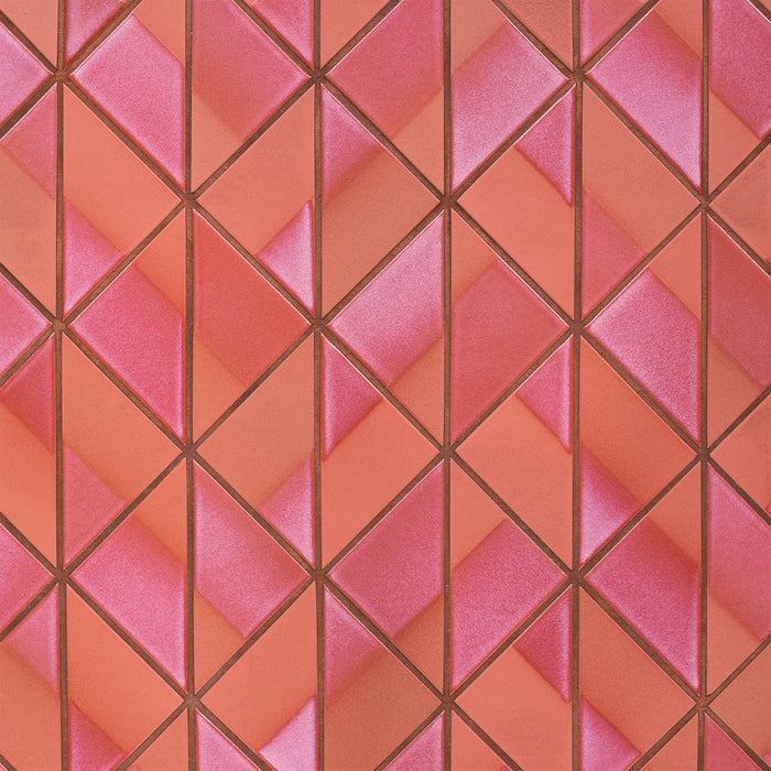 Caption: Dual Glaze 4" Triangles in DG15 Zinnia Blend. Baked Terra Cotta grout by Ardex.