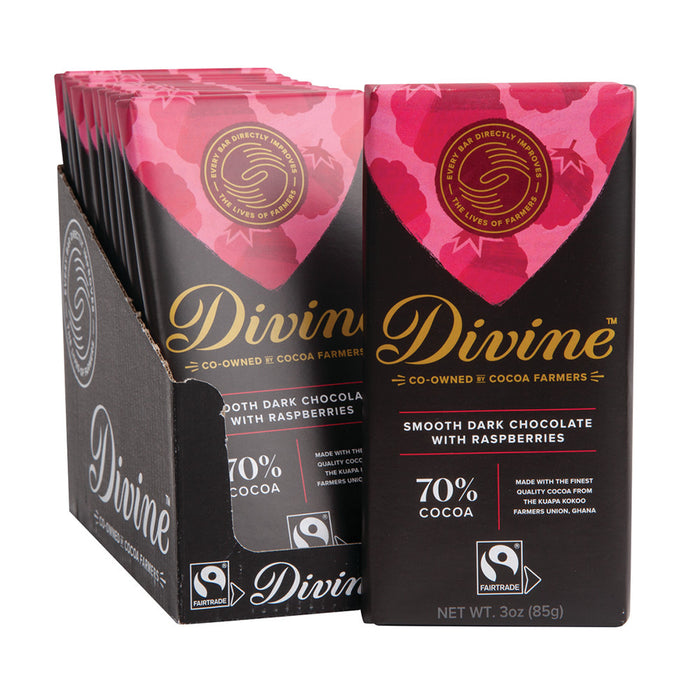 Divine Bars70% Dark Chocolate With Raspberries 3oz - 12ct
