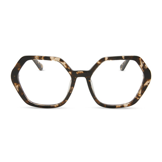 diff eyewear featuring the dixie hexagon prescription glasses with a espresso tortoise frame and prescription lenses front view