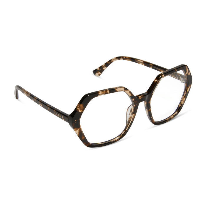 diff eyewear featuring the dixie hexagon prescription glasses with a espresso tortoise frame and prescription lenses angled view