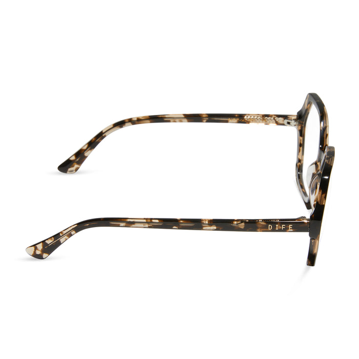 diff eyewear featuring the dixie hexagon prescription glasses with a espresso tortoise frame and prescription lenses side view