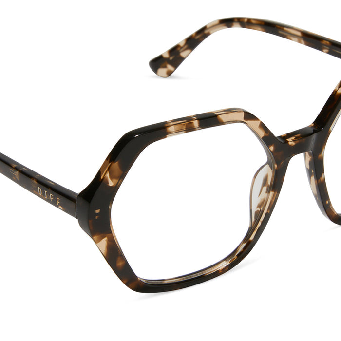 diff eyewear featuring the dixie hexagon prescription glasses with a espresso tortoise frame and prescription lenses detailed view