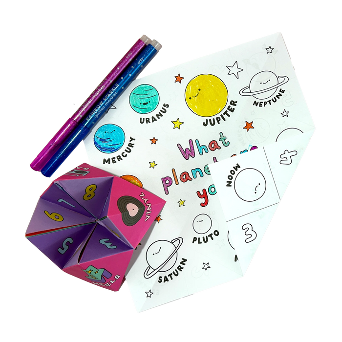 Colored page with markers and fortune teller from OOLY DIY Fortune Tellers Activity Kit