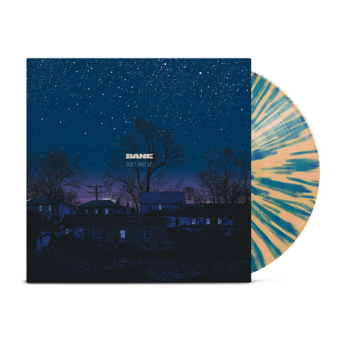 Tan-colored vinyl with blue splatter printed peeks out of a vinyl jacket with a picture of a blue and purple night sky with houses, trees, telephone pole, and stars. Center of jacket has "BANE" printed with "DON'T WAIT UP" printed below it.
