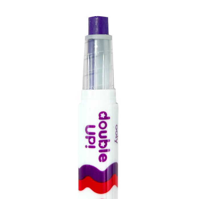 Close up of uncapped purple OOLY Double Up! Double-Ended Crayons