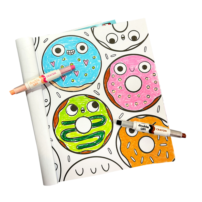 Coloring page with colored donuts colored with OOLY Double Up! Double-Ended Crayons