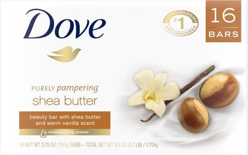 Dove Shea Butter Beauty Bar 16 Units / 3.75 oz / 106 g  Enjoy the gentle cleansers and ¼ cup of moisturizing cream along with the creamy aroma of shea butter and vanilla-390346 Hannah's Variety Store