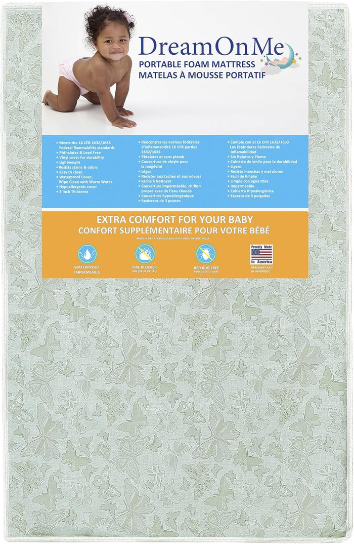 Dream On Me Butterfly 3in TwoSided Fiber Portable Mini Crib Mattress