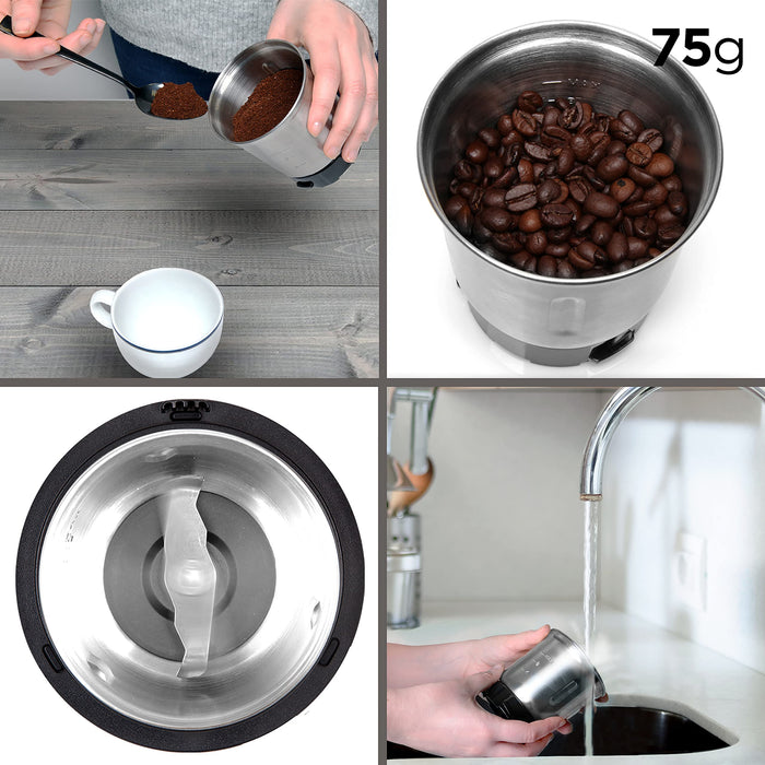 Duronic Replacement Grinding Cup with 75g capacity, showing grinding beans, blades, and easy cleaning.
