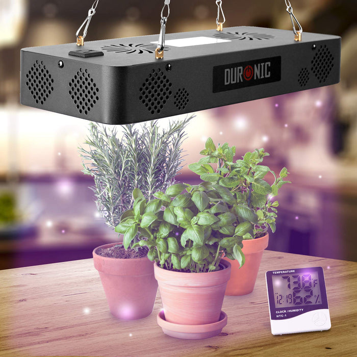 Duronic Hanging Grow Light with a digital temperature and humidity monitor.