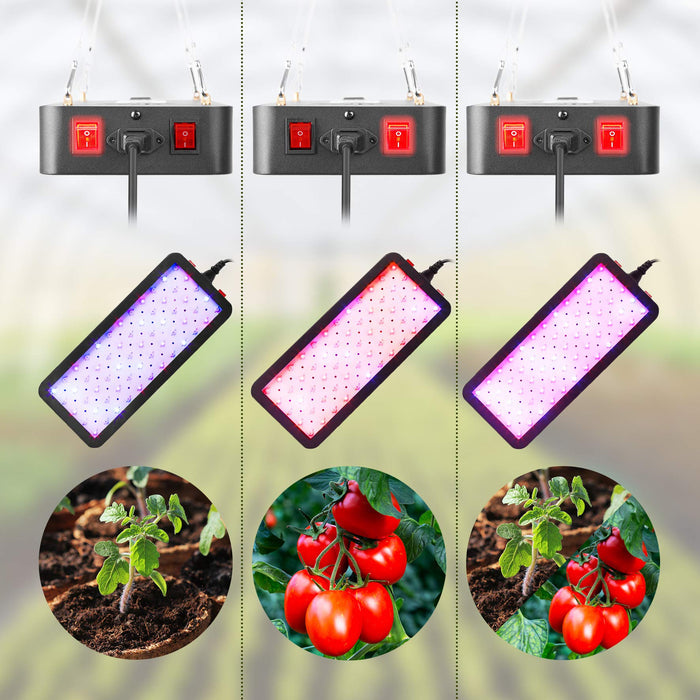 Duronic Hanging Grow Light showing veg, bloom, and full spectrum modes for seedling and fruit stages.