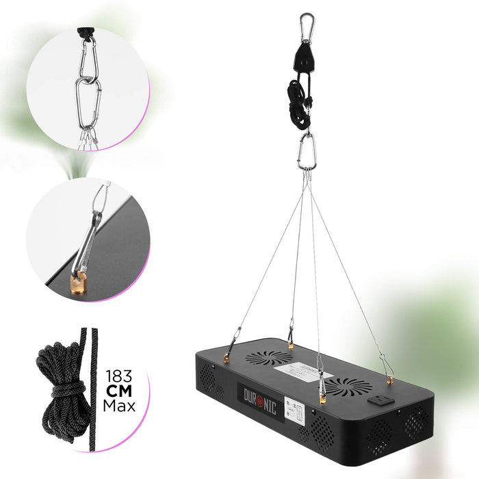 Duronic Hanging Grow Light with adjustable 183 cm hanging rope, carabiner clips, and cooling fan system.