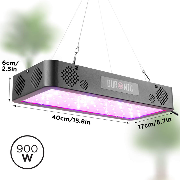 Duronic Hanging Grow Light with purple spectrum, showing dimensions: 40cm length and 17cm width.