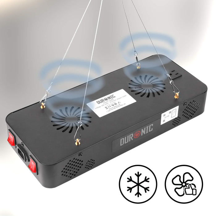 Duronic Hanging Grow Light featuring a dual-fan cooling system, hanging wires, and power switches for indoor gardening.