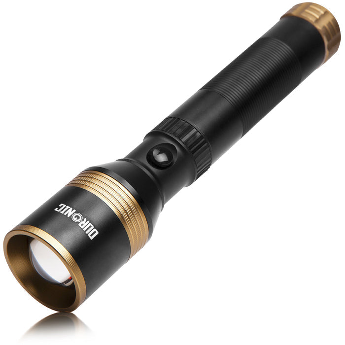 Duronic Rechargeable Torch Flashlight with gold accents, textured grip, and power button on white background.