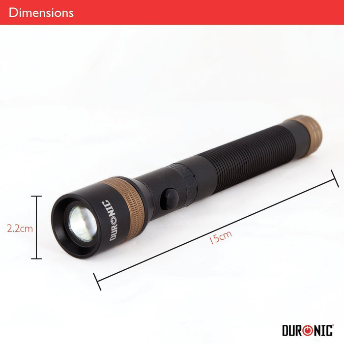 Duronic Rechargeable Torch Flashlight with gold accents, measuring 15cm long and 2.2cm wide, on white background.