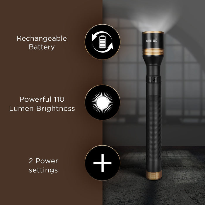 Duronic Rechargeable Torch Flashlight featuring 110-lumen brightness, two power settings, and gold-trimmed accents.