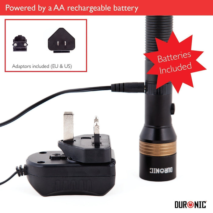 Duronic Rechargeable Torch Flashlight with charging cable, UK plug base, and included EU and US adaptors.