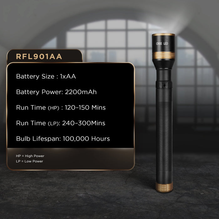 Duronic Rechargeable Torch Flashlight with 1xAA battery power, long run times, and 100,000-hour bulb lifespan.