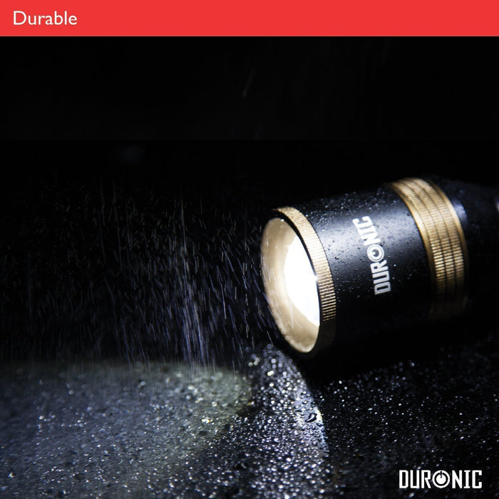Duronic Rechargeable Torch Flashlight highlighting its durable and rugged design.