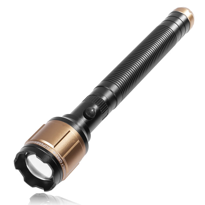 Duronic Rechargeable Torch Flashlight  with a textured grip and adjustable focus lens.