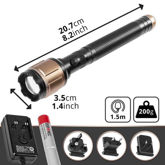Duronic Rechargeable Torch Flashlight with dimensions, weight, battery, and international power adapter plugs.