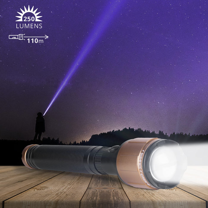 Duronic Rechargeable Torch Flashlight with 110m beam distance shown against a starry night sky.