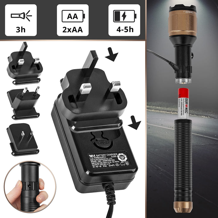 Duronic Rechargeable Torch Flashlight with international plug adapters, dual AA batteries, and charging cable on dark background.