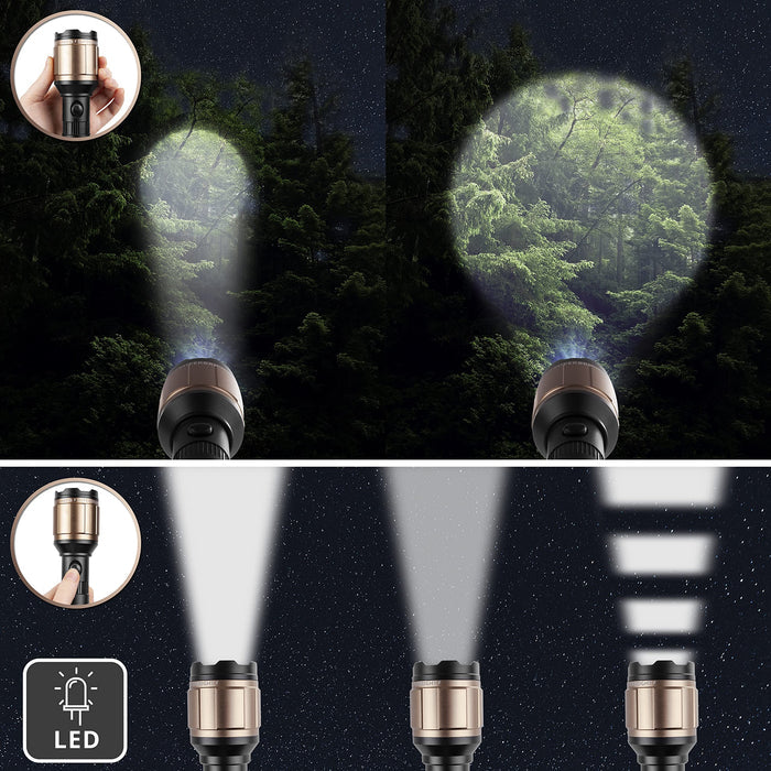 Duronic Rechargeable Torch Flashlight showing adjustable zoom focus, wide beam, and strobe modes for outdoor camping.
