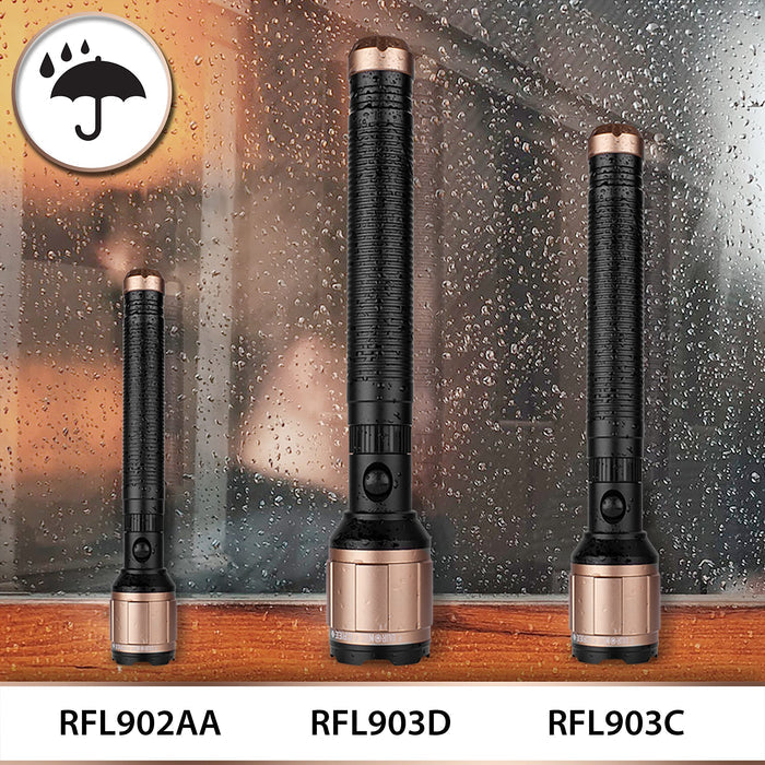 Duronic Rechargeable Torch Flashlight varying sizes RFL902AA, RFL903D, and RFL903C, displayed against a rainy window.