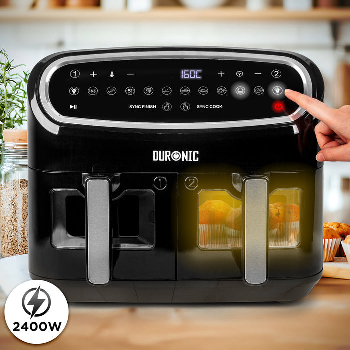 Duronic AF34 BK large air fryer showcasing visual window lights