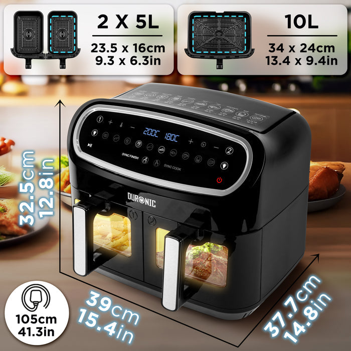 Duronic AF34 BK digital air fryer outlining specifications of the unit and its 3 air fryer drawers