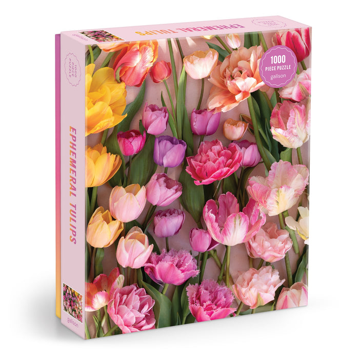 The Ephemeral Tulips 1000 Piece Puzzle by Christine Chitnis features a vibrant, eco-friendly image of assorted pink, yellow, orange, and purple tulips in a lush floral arrangement.