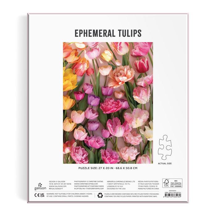 The image shows the back of the Ephemeral Tulips 1000 Piece Puzzle box by Christine Chitnis, featuring vibrant assorted pink, orange, and yellow tulips. Finished puzzle size is 27 x 20 inches (68.6 x 50.8 cm).