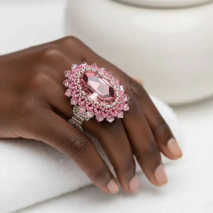 Epic Beaded Rose Crystal Bling Cocktail Ring worn on a hand, showcasing intricate beadwork and dazzling crystal detail.
