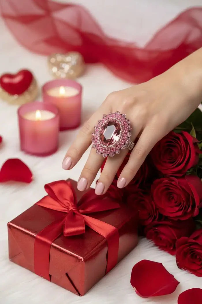 Epic Beaded Rose Crystal Bling Cocktail Ring worn on hand with red roses and gifts in festive setting.