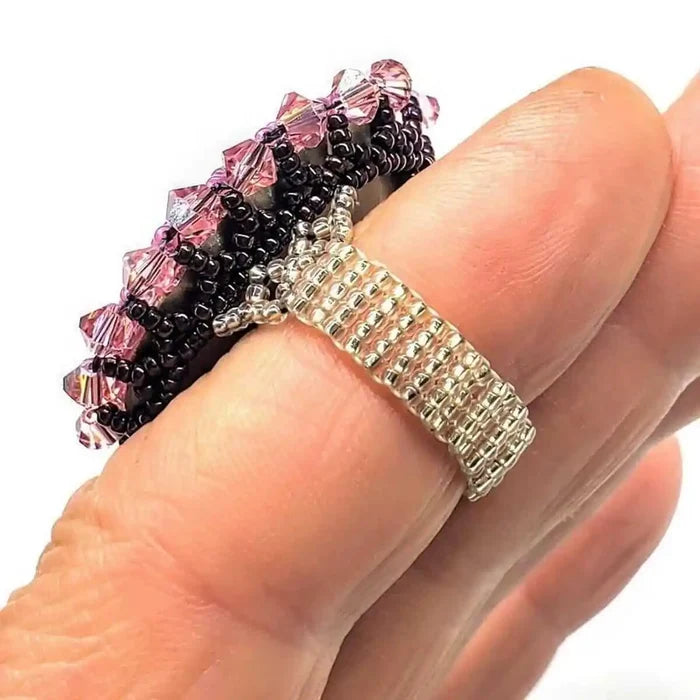 Epic Beaded Rose Crystal Bling Cocktail Ring on a finger showcasing intricate beadwork and crystal detail.