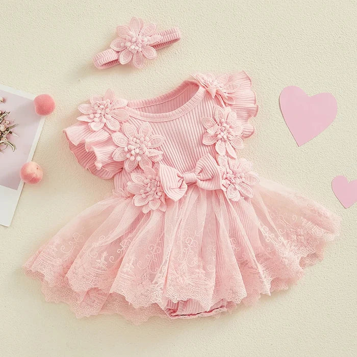 EVERLY Crochet Flower & Lace Romper with Headband